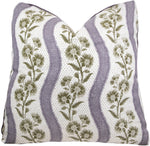 The Harwick Stripe Olive and Plum Pillow by Hive Custom Pillows is a 22" x 22" square pillow, handmade in the USA, featuring green botanical prints and wavy light purple stripes on white.