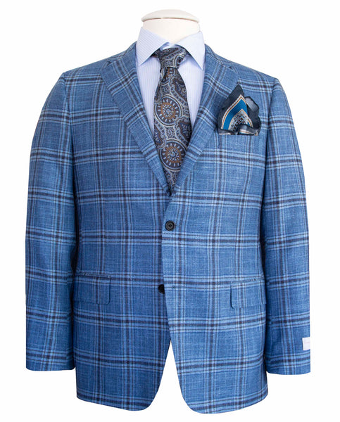 Mannequin dressed in a Samuelsohn Bennet Contemporary Fit Blazer suit jacket with a light blue shirt, paisley tie, and pocket square on a white background.