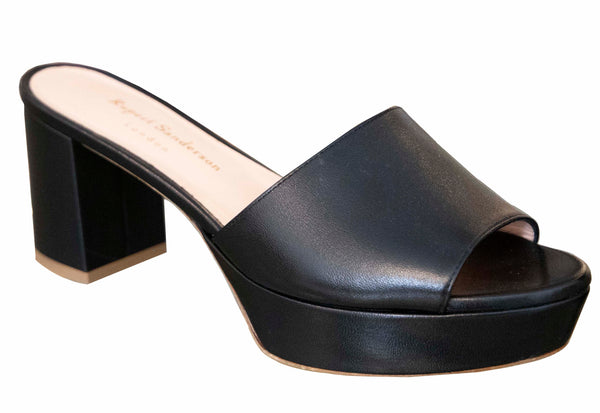 Black Rupert Sanderson Leather Tritaz mid platform sandal with a chunky heel and comfort factor, against a white background.