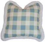 The Small Check Blue Pillow by Associated Design is a 22x22" cushion with a light blue and white check pattern, finished with fluffy white trim—a cozy down-filled accent for any space, shown on a white background.