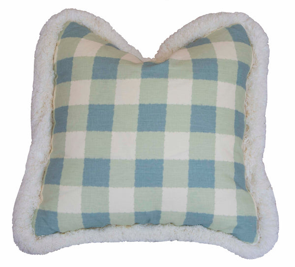 A 22" x 22" square pillow with a Small Check Blue Pillow pattern, bordered by white fluffy trim.