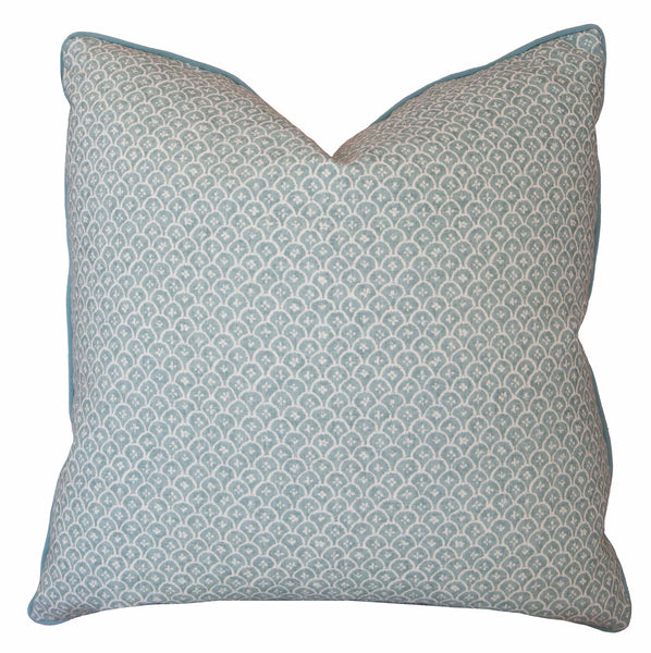 Associated Design's Zeimoto Dove Pillow is a decorative down-filled pillow with a gray and white repeating pattern on a plain background.