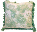 The Bimini Lettuce Green Outdoor Pillow by Hive Custom Pillows is a 22" x 22" square pillow with a green and white floral pattern and green fringe tassels—perfect for adding a fresh look to your patio or garden seating.