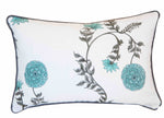 The Poppy Stripe Aqua Lumbar Pillow by Hive Custom Pillows features blue floral embroidery and gray-green leaves on white, with dark piping—adding a unique touch to your pillow collection.