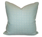 The Ondine Soft Green Pillow by Hive Custom Pillows features a handmade design with a subtle wavy white pattern, displayed against a plain white background.