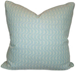 Ondine Soft Green Pillow by Associated Design features a handmade design with subtle, repeating wavy white lines, shown against a white background.