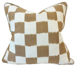 The Checkerboard Toffee Pillow by Hive Custom Pillows features a tan and white checkered design with braided edging, photographed against a white background.