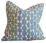 The Whittle Blue Green Pillow by Hive Custom Pillows features a custom-made square shape, a blue, green, and white geometric pattern with visible edge seams, crafted from premium materials and set against a white background.