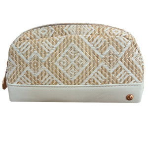 The Paros Coconut Travel Collection Mae Mini Pouch by Stephanie Johnson is beige and white with geometric patterns, a zippered top, a fabric base, and a small round metal stud on one corner.