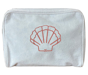 The Weezie Towels Large Shell Toiletry Bag in Coral is a light gray pouch with a simple pink seashell design and an interior pocket for organization.