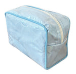 The Walker Valentine Milan Cosmetic Case features a rectangular shape with blue and white stripes, a zipper closure, and blue piping along the edges.