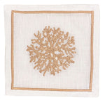 The Sea Sponge Coaster Set by Haute Home features white linen coasters with a central beige hand-embroidered coral motif and a delicate light brown border.