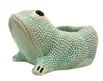 From the Jean Roger Paris Ceramic Frog Collection, this textured light blue ceramic planter is shaped like a frog with black and white eyes and black markings on its front feet.