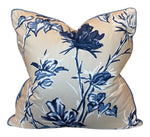 The Roses Blue and Cream Pillow by Hive Custom Pillows features a beige background with an elegant blue floral print, crafted from the finest materials.