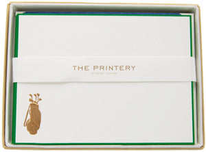 Golf Bag Card Set by Printery: Bright white horizontal cards with a bronze golf bag illustration, vivid green border, and a "The Printery Oyster Bay New York" band.