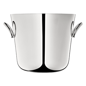 A Christofle Vertigo Ice Bucket, silver plated with two side handles and crafted in stainless steel, is showcased against a plain background.