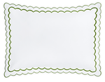 The India Pique Bedding Collection in Grass by Matouk features a white rectangular cotton blend pillowcase with green double-scallop embroidery along the edges, shown on a plain background.