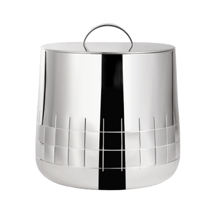 The Christofle Graphik Insulated Ice Bucket is a double-walled stainless steel bucket with lid and handle, featuring a geometric grid pattern near the base.