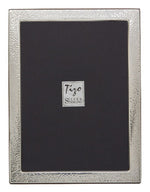 The Italian Sterling Silver New Hammered Frame Collection by Tizo Design features a rectangular frame with a textured, tarnish-resistant 925 silver border and a black placeholder displaying "Tizo Silver Sterling" in the center.