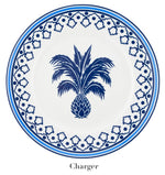 The Jaipur Blue Dinnerware Collection by Aquazzura Casa features a white porcelain charger plate with a handcrafted blue border, central pineapple motif, and "Charger" label beneath the plate.