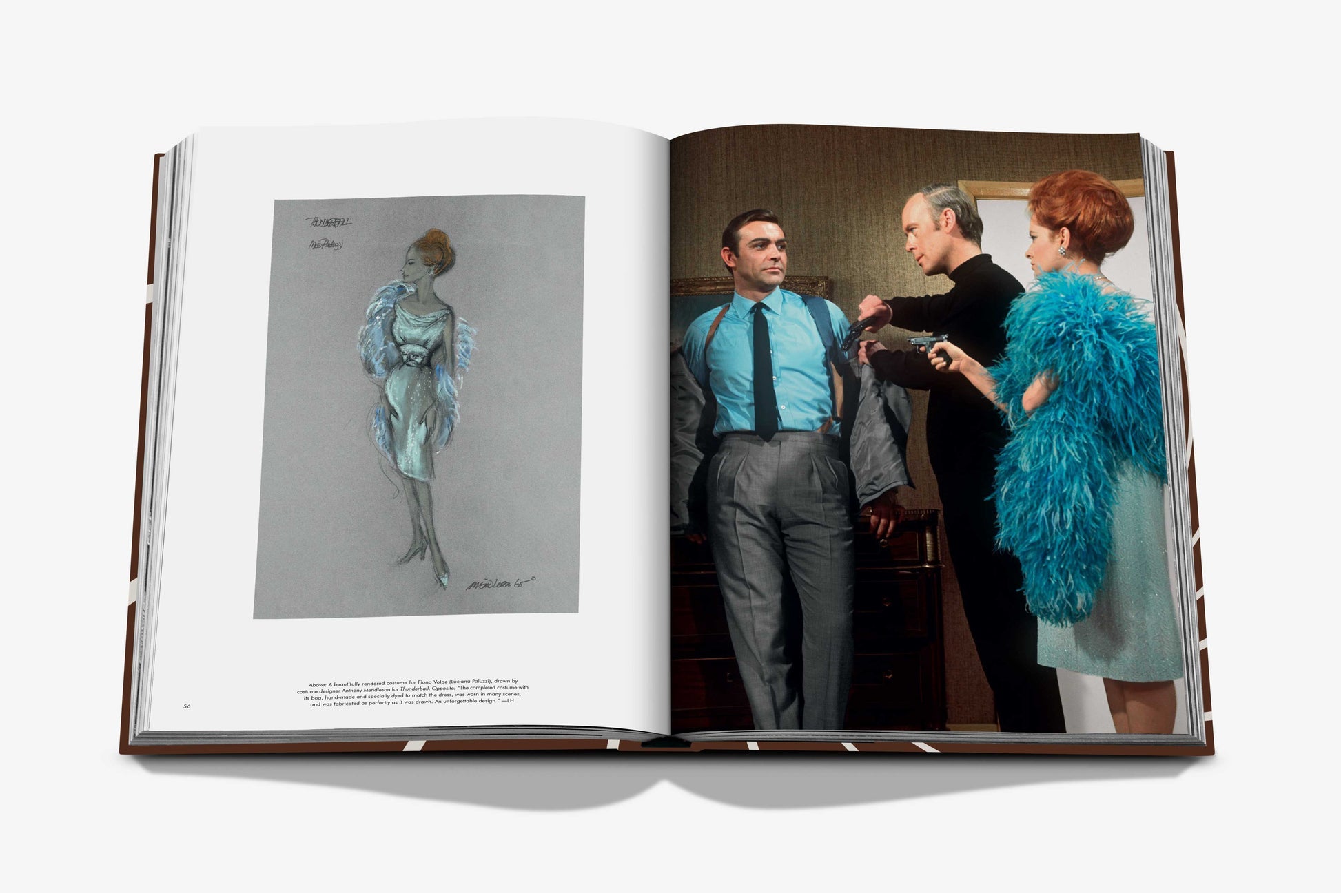 An open book from Assouline, titled "James Bond Style," reveals a sketch of a woman in a blue dress on the left page, capturing timeless fashion. On the right page, a photo showcases three people interacting in formal and feathered attire, evoking iconic James Bond-style looks.
