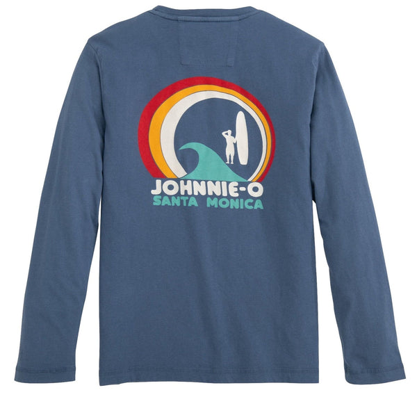 Long-sleeve blue Johnnie-O Boys' 1979 Jr. Long Sleeve Graphic T-Shirt with a rainbow graphic and "johnnie-o Santa Monica" text surrounding a silhouette of a surfer, crafted from garment-dyed cotton.