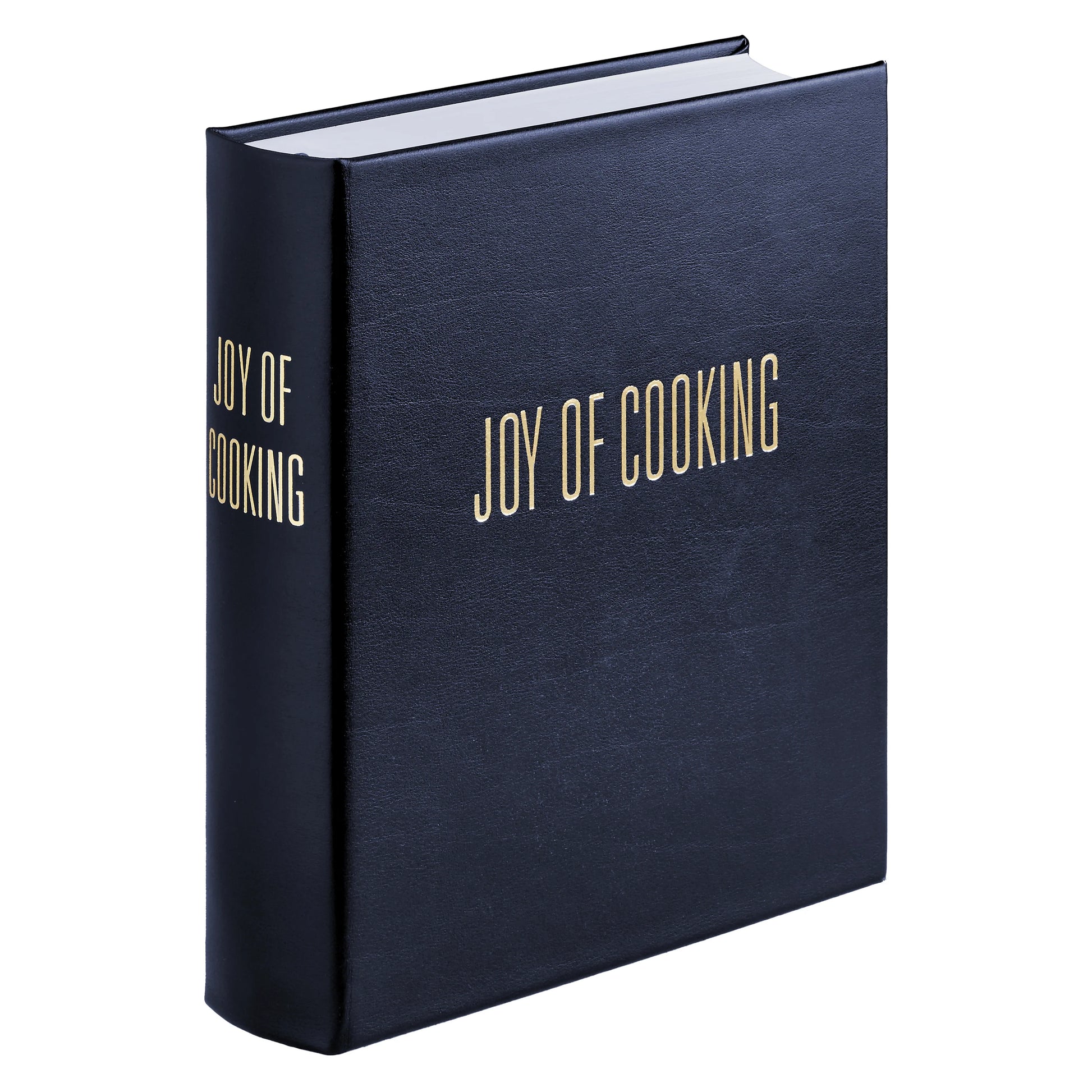 The Graphic Image "Joy of Cooking" hardcover cookbook with gold lettering on its black spine and cover is shown standing upright at an angle.