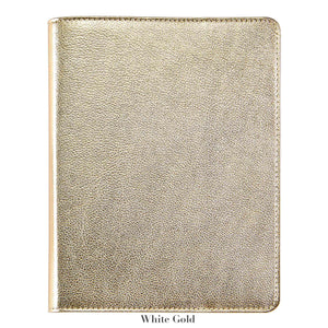The Graphic Image 9" Leather Notebook features a closed, metallic white gold leather cover with a textured finish and refillable pages, shown against a white background.