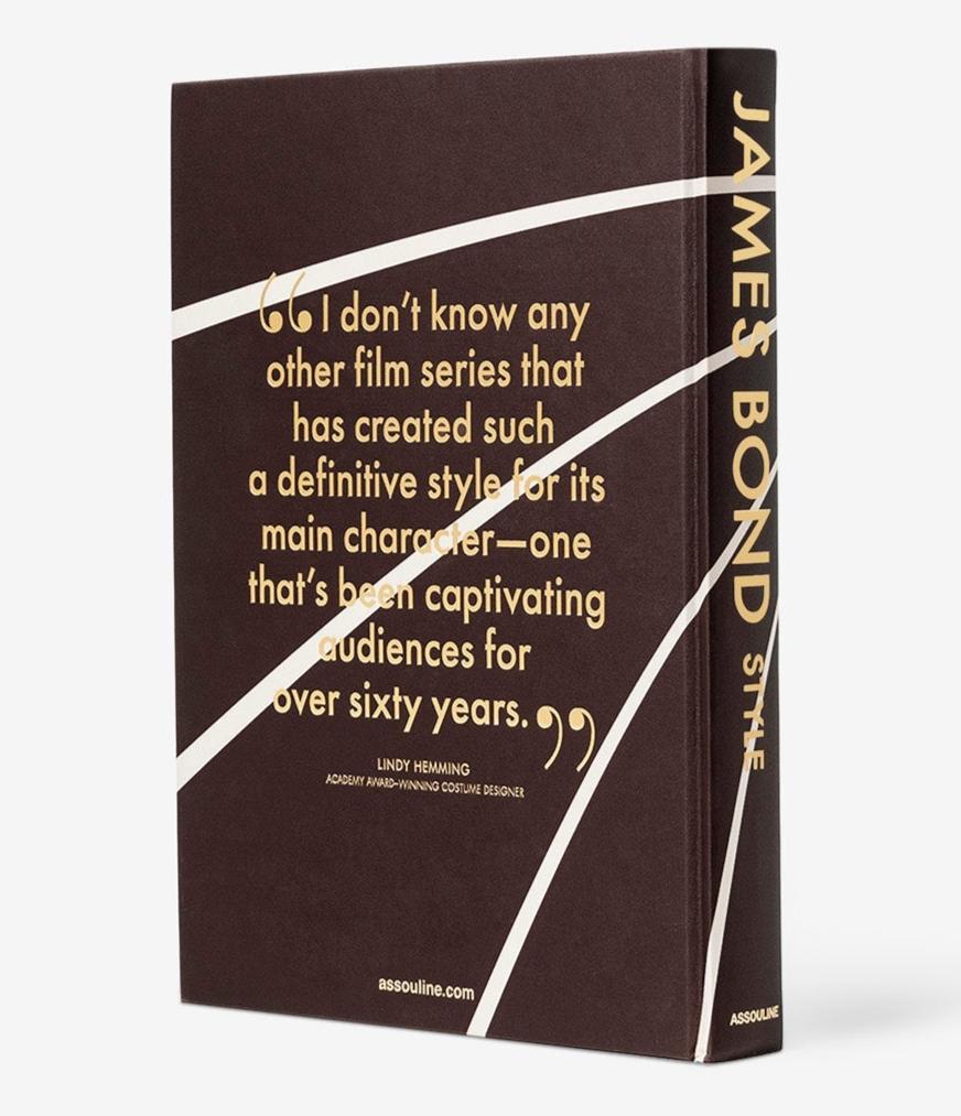 Back cover of Assouline's book "James Bond Style," with a quote by Lindy Hemming highlighting the film series' distinctive style. Explore the iconic looks and timeless fashion that have defined James Bond, captivating audiences with every elegantly tailored ensemble.
