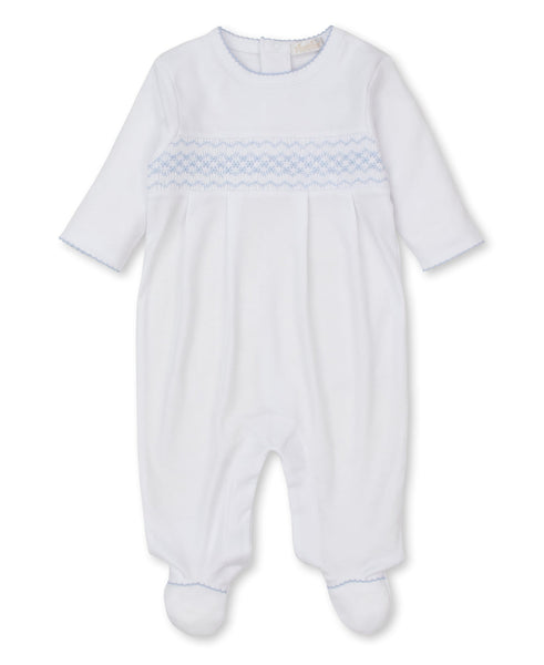 A baby boy's white Kissy Kissy CLB Fall Footie sleepsuit with blue trim and snap closure.