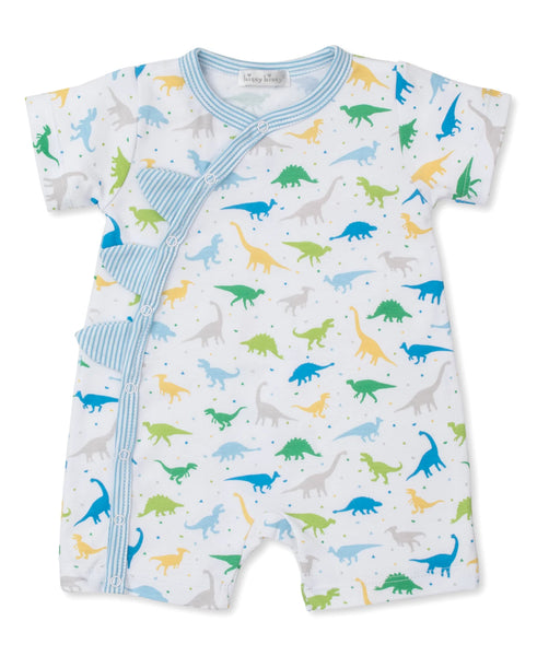 A baby boy's romper with a Dino theme on it. 
Product Name: Kissy Kissy Dinosaurs Galore Short Playsuit
Brand Name: Kissy Kissy