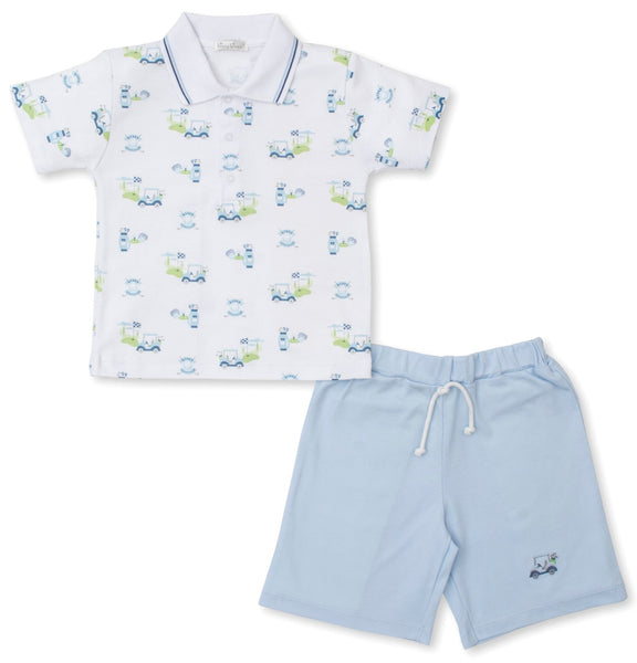 Toddler outfit with a Kissy Kissy Kids' Golf Club Bermuda Set.