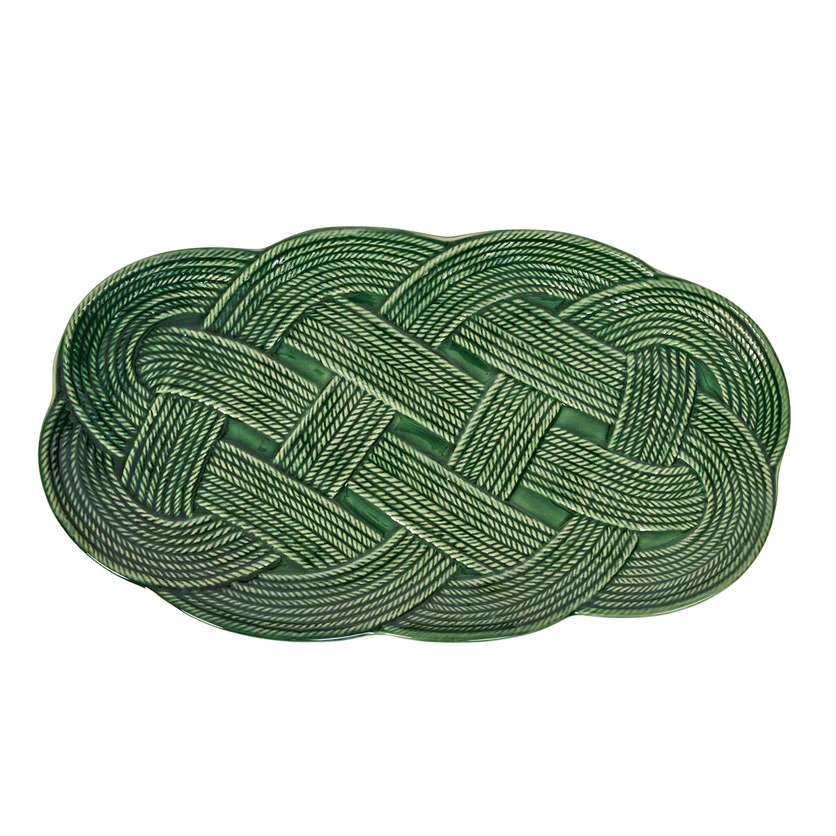 An oval green ceramic platter with a raised rope pattern from Juliska’s Le Panier Mystic Knot Basil Dinnerware and Serveware Collection, perfect for adding elegance to your holiday table.