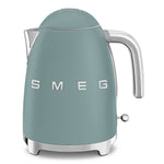 The Smeg Electric Kettle Collection features a pastel green finish, stainless steel body, chrome handle and accents, retro style, and the iconic SMEG logo on the front.