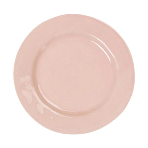 A plain, round, light pink ceramic plate with a glossy finish from the Juliska Puro Blush Dinnerware Collection, viewed from above on a white background—ideal for a stylish and timeless table setting.