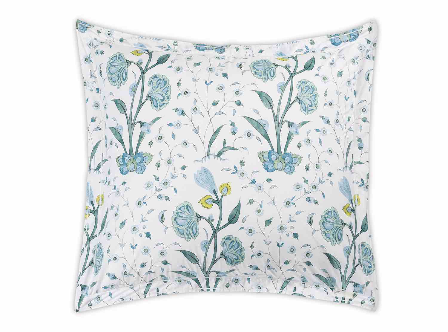 Square pillow from Matouk's Schumacher Khilana Bedding Collection in Blue, featuring a white background with blue and yellow floral motifs inspired by Khilana hand-block textiles and finished with a decorative flange edge.