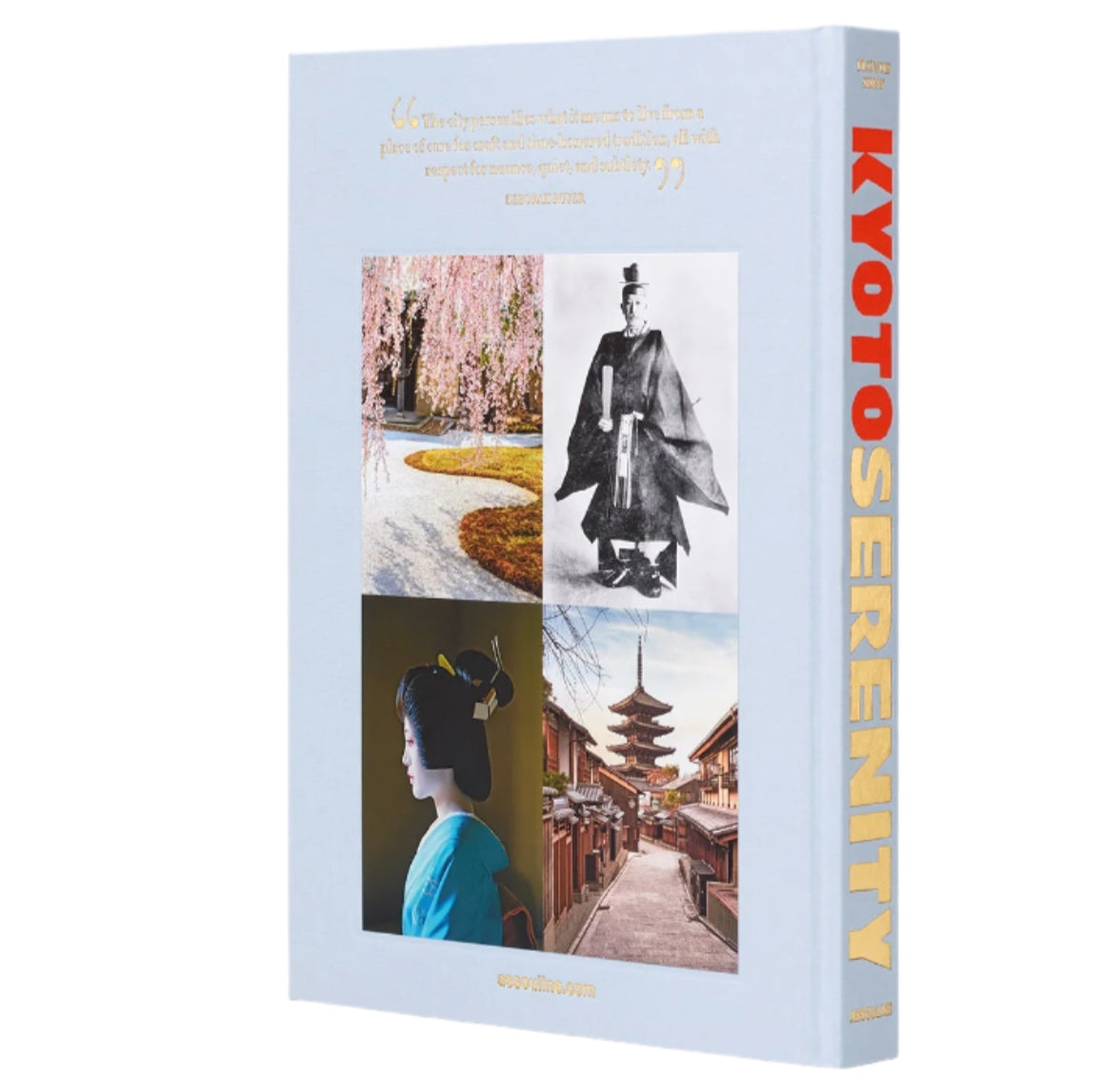 Explore "Kyoto Serenity" by Assouline, a captivating book showcasing Japanese culture with images of cherry blossoms, a historical figure, a geisha, and a pagoda. Its pale blue cover reflects Kyoto's tranquility and the vibrant spirit of Gion Matsuri.