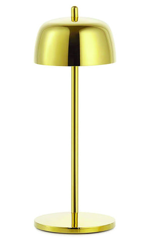 The Theta Pro Polished Gold Lamp by Zafferano America features a dome-shaped shade, straight stand, and round base, offering cordless LED illumination. Shown against a plain white background.