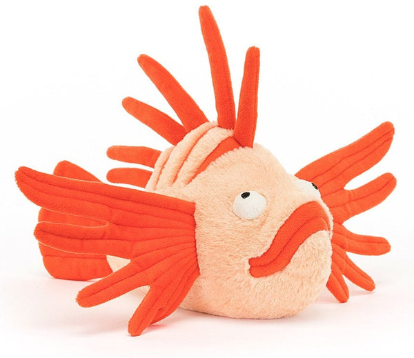 A Jellycat stuffed fish with orange fins on a white background.