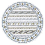 The Juliska Seville Placemat features an oval shape and a vibrant decorative pattern of alternating floral motifs and geometric stripes in blue, green, and beige, inspired by the designs of Seville.