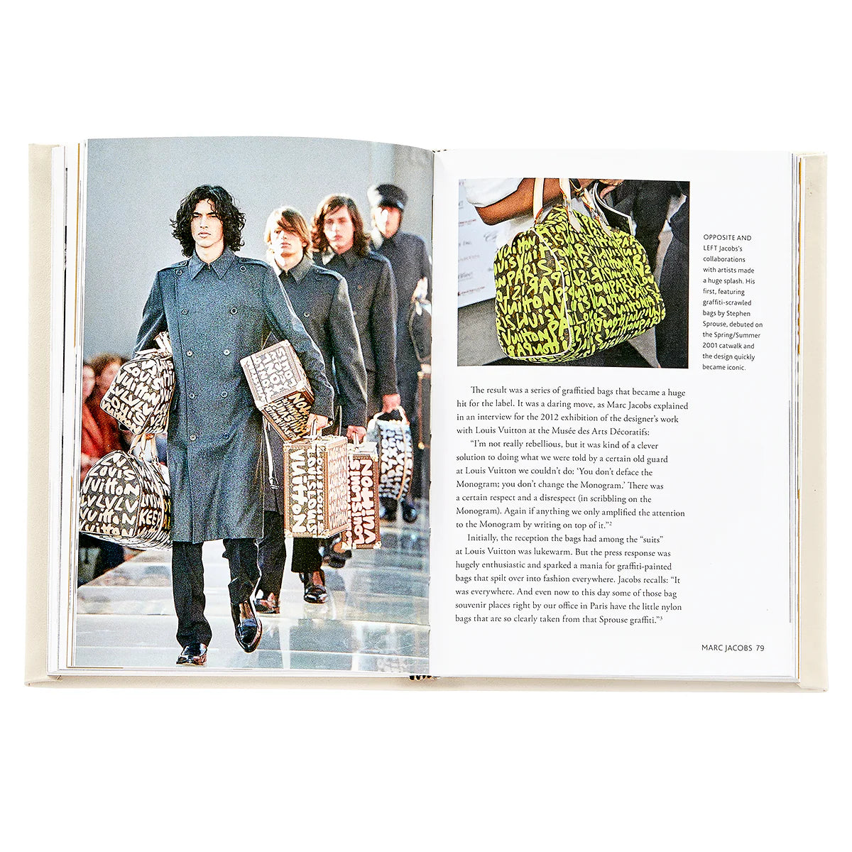 Open copy of "Little Book of Louis Vuitton" by Graphic Image, showing a runway photo with models carrying large printed bags on the left and text with two close-up shots of luxury bags on the right page.