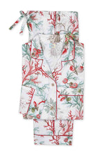 The Matouk Luca Pajama Set features premium cotton percale with a red and green coral and seashell print, detailed with red piping on the collar, pockets, and cuffs—ideal for those who appreciate luxury sleepwear.