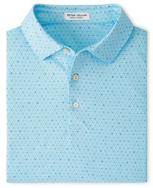 A folded Peter Millar Avon Performance Jersey Polo in light blue with a dotted pattern and UPF 50+ sun protection.