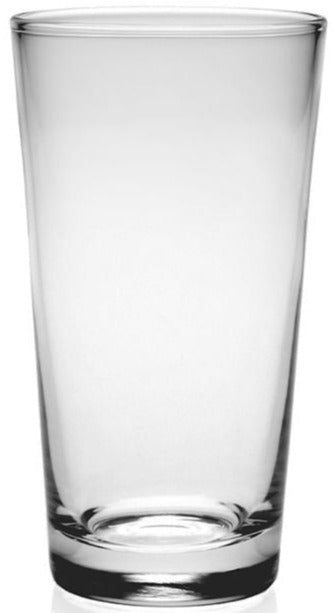 A clear glass tumbler from the Maggie Drinkware Collection by William Yeoward Crystal stands upright against a plain white background, showcasing its bold shapes.