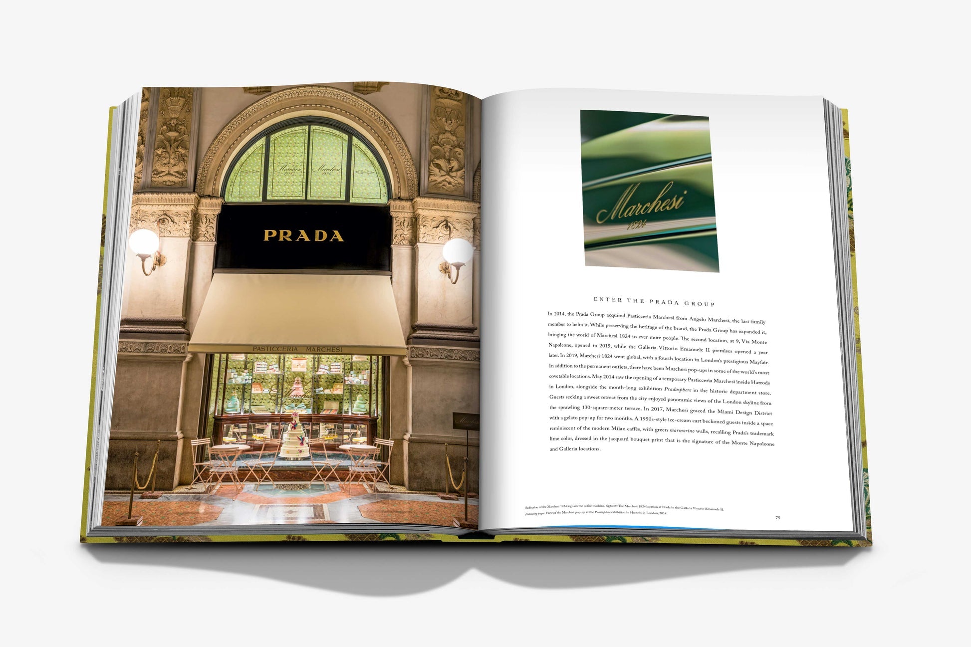 An open book reveals a chic Prada storefront on the left and an evocative green image with text on the right. This Assouline creation beautifully pairs with Italian flair, reminiscent of savoring Marchesi 1824 treats like holiday panettone and exquisite cookies.
