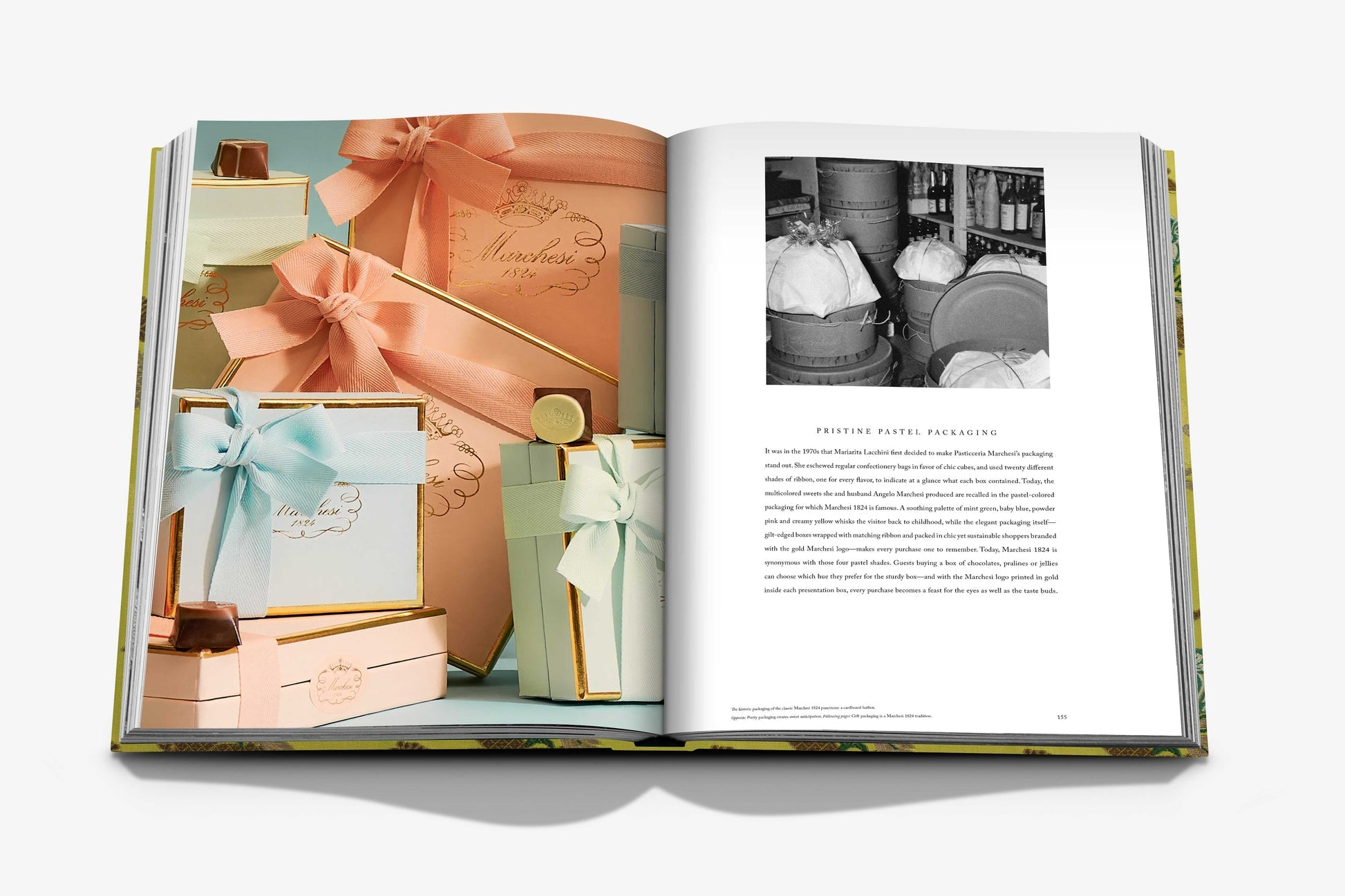 An open book shows pastel gift boxes on the left and a black-and-white photo of vintage Italian cookies packaging from Marchesi 1824 by Assouline on the right.