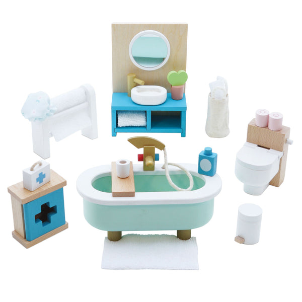 The Daisylane Bathroom furniture set is perfect for imaginative play in a dollhouse. It includes a bathtub, toilet, and sink.