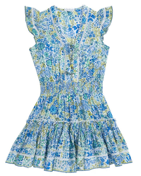 A floral patterned blue and green Poupette St Barth Girls' Anais Mini Dress with short ruffle sleeves and a flared skirt, laid flat against a white background, featuring a V-neck design.