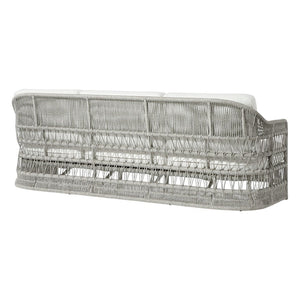 The PALECEK Mara Outdoor Sofa in Rough 'N Tumble Blanca features a modern synthetic rope design with a UV-protected light gray weave, powder-coated aluminum frame, and white seat cushions, shown from the back at an angle.