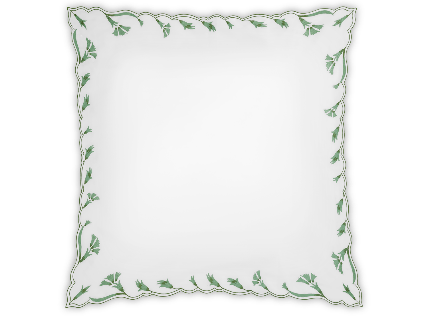 The Marcella Bedding Collection, Clover by Matouk features a white rectangular sheet or tablecloth with scalloped edges and a green leaf pattern along the border, reminiscent of embroidered bedding and delicate florals.